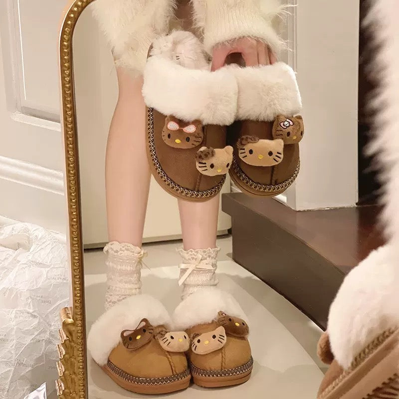 Khaki Kitty Fur Slippers