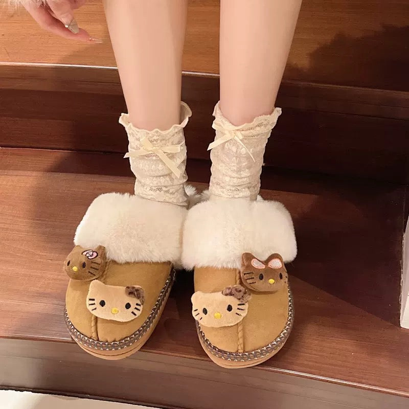 Khaki Kitty Fur Slippers