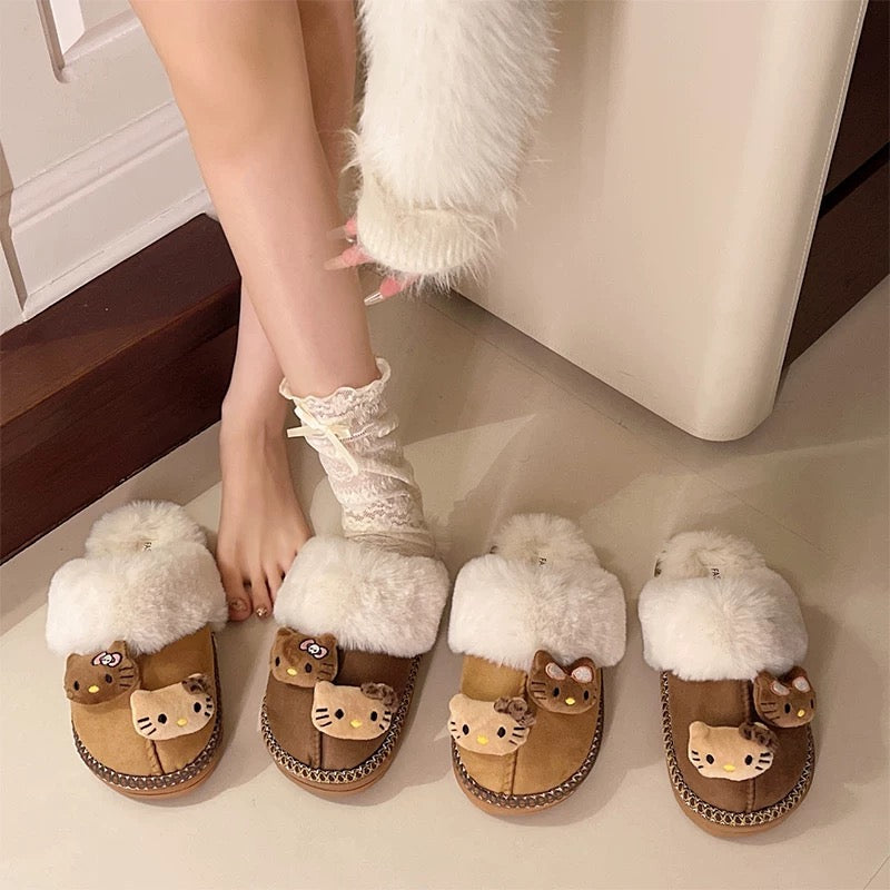 Khaki Kitty Fur Slippers