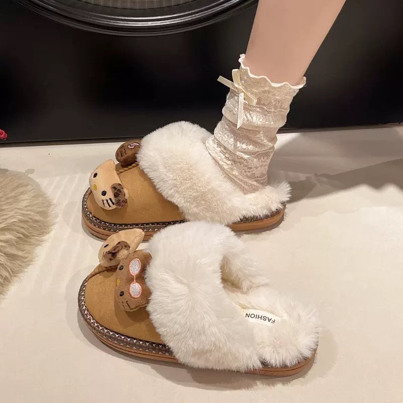 Khaki Kitty Fur Slippers